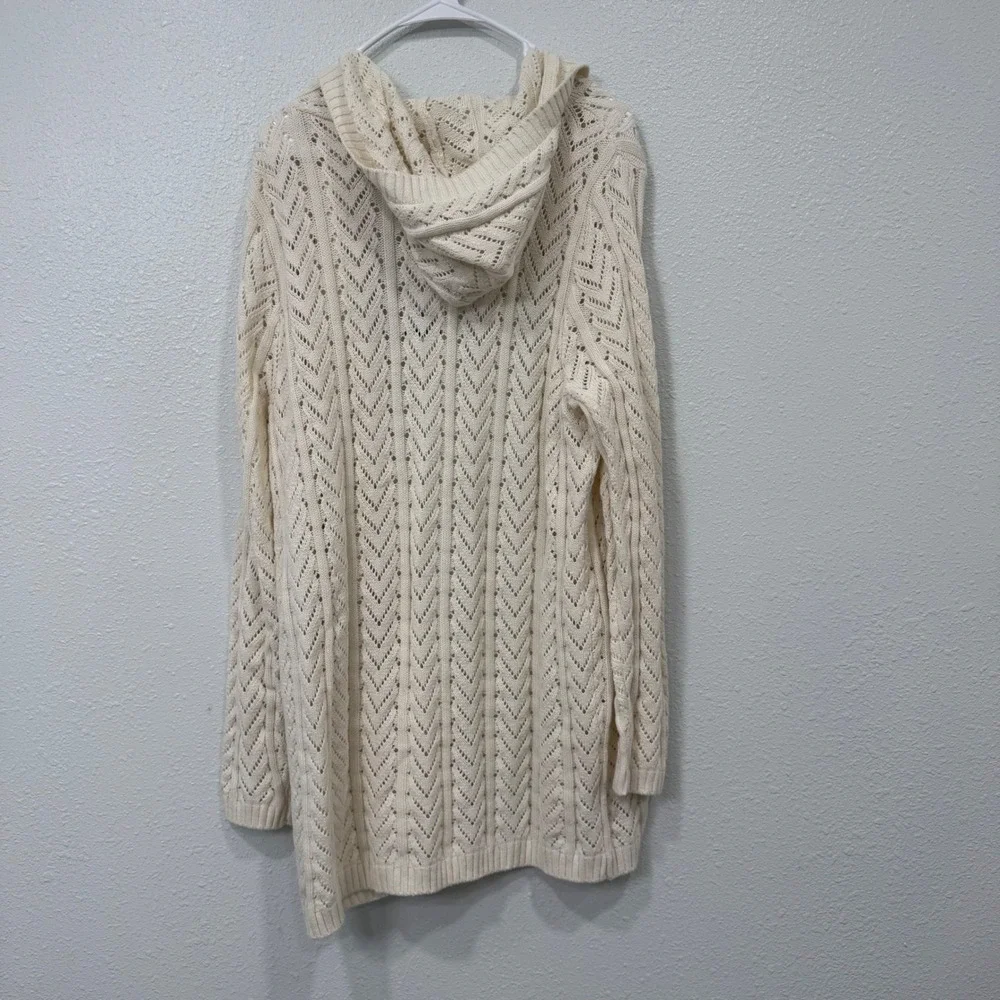 Hippie Rose Womens Cream Pointelle Chevron Knit Hooded Open Front Cardigan L NEW